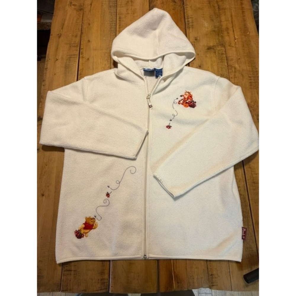 Disney Pooh Tigger Vintage Fleece Hoodie Cream White Zip Up Womens Large Embroid